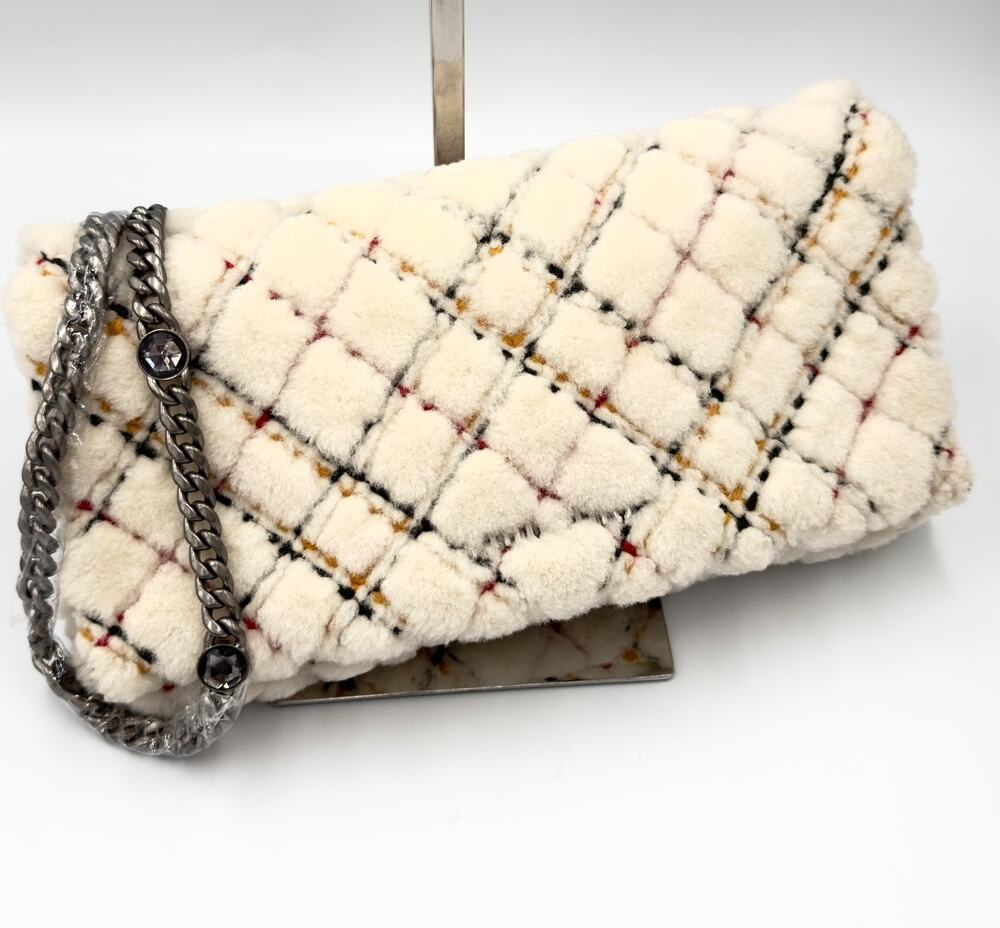 Miu Miu Rare Lambswool Plaid Flap Chain Shoulder Bag White Crossbody Shearling